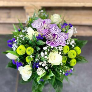 Bouquet fleurs blanc vert mauve